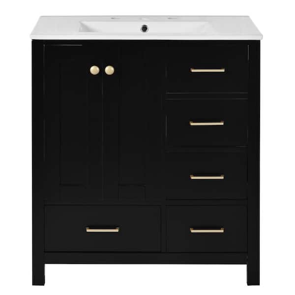 JimsMaison 30 in. W x 18.3 in. D x 33.8 in. H Freestanding Bath Vanity Set in Black with White Resin Top