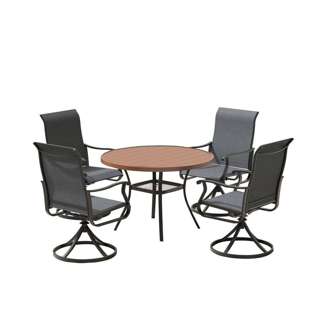 5-Piece Metal Outdoor Dining Set with Storage Shelf, Walnut Tabletop, Umbrella Hole, Black Seats price history on PriceWatchPro