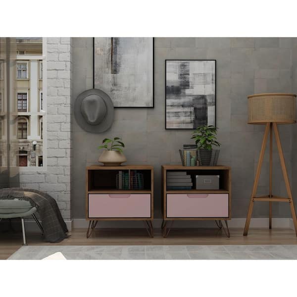 Manhattan Comfort Rockefeller 1-Drawer Nature and Rose Pink Nightstand (Set of 2)