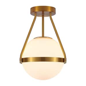 10 in. 1-Light Gold Mid Century Modern Globe Semi-Flush Mount Ceiling Light w/ White Frosted Glass Shade for Living Room