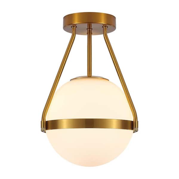 YANSUN 10 in. 1-Light Gold Mid Century Modern Globe Semi-Flush Mount Ceiling Light w/ White Frosted Glass Shade for Living Room