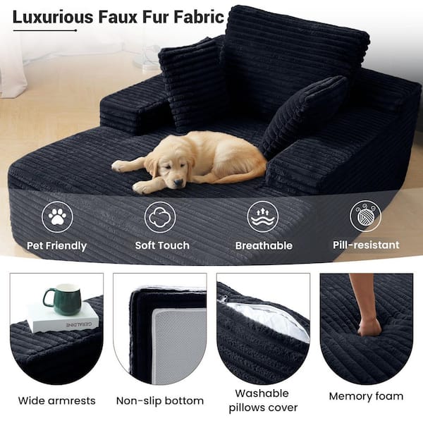 67 in. Oversized Square Arm Corduroy Memory Foam Chaise Lounge Boneless Sofa with 2 Pillows in Black, No Assembly