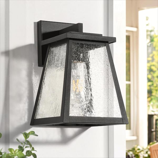 LNC Modern 11 in. 1-Light Black Outdoor Wall Light Geometric Sconce with Seeded Glass Shade For Patio, Garage, Hallway