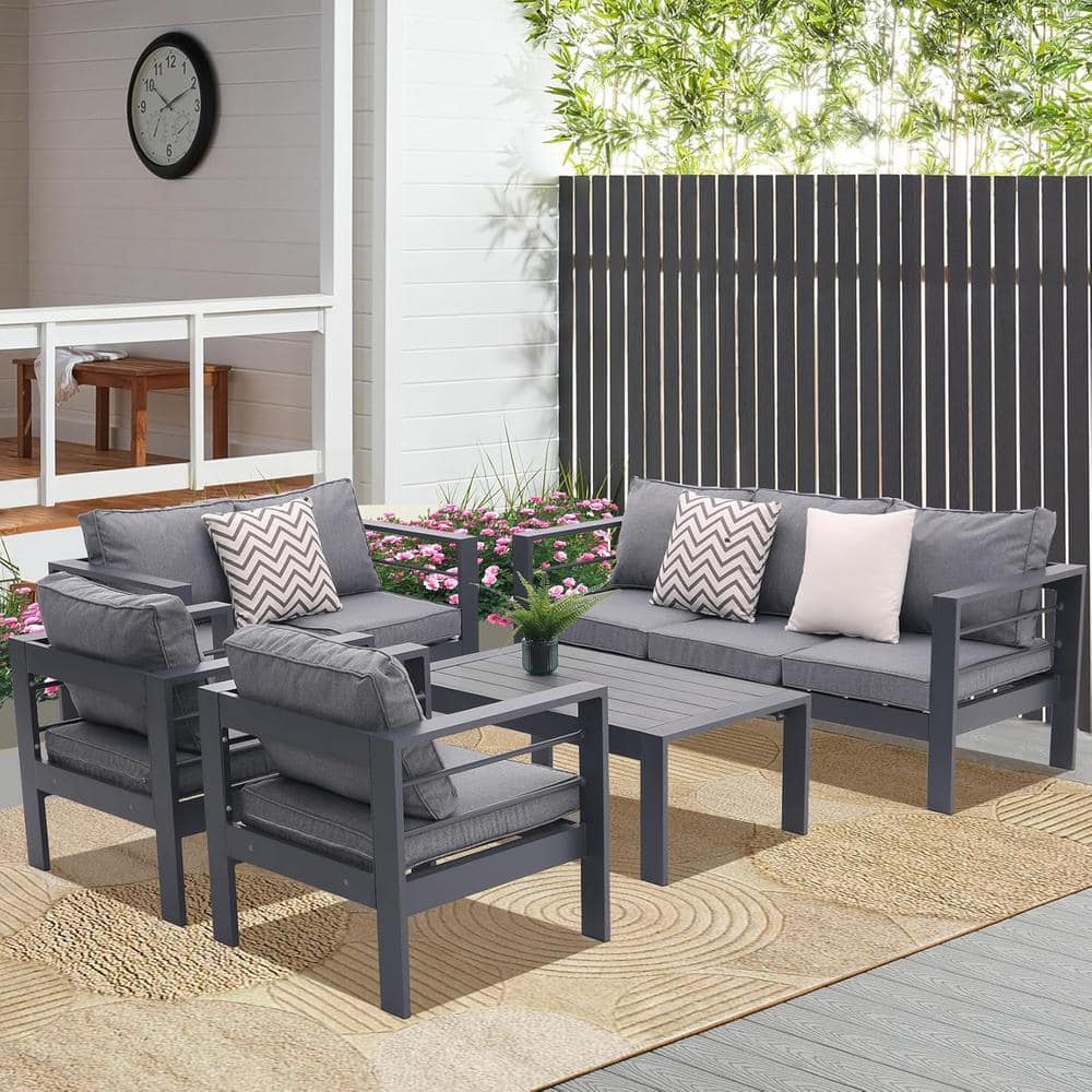Grey 5-piece Aluminum Outdoor Sectional Set, Patio Conversation Set with Re