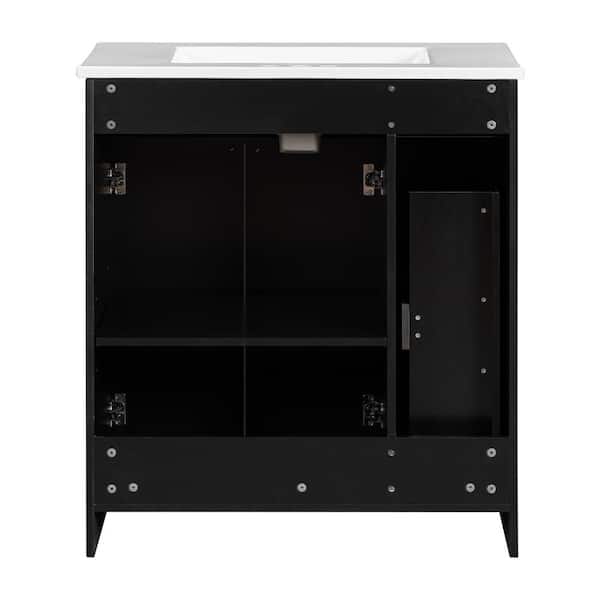Polibi 30 in. W Single Sink Bath Vanity in Black with White Ceramic Top, 2 Soft-close Doors and Double-tier Deep Drawer