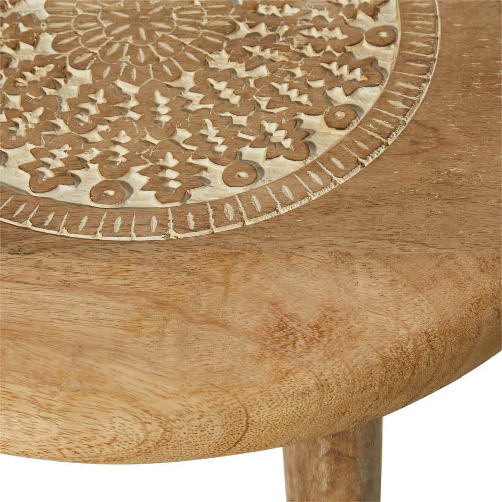 Intricately Carved Mango Wood Round Accent Table - Brown, 22"x17"