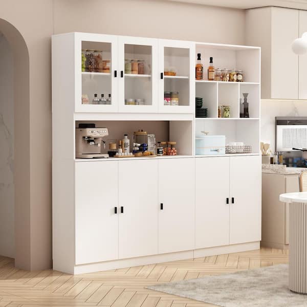 FUFU&GAGA 78.7 in. W x 12.2 in. D x 70.9 in. H 2-in. - 1 White Wood 78.7 in. W Buffet With Hutch, Glass Doors, Shelves