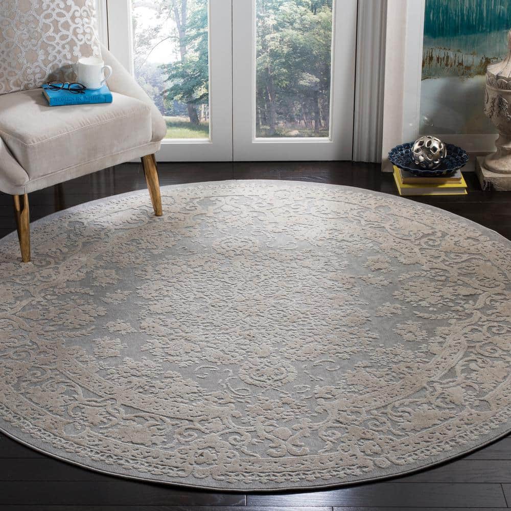 Round Light Grey Cream Floral Synthetic Area Rug