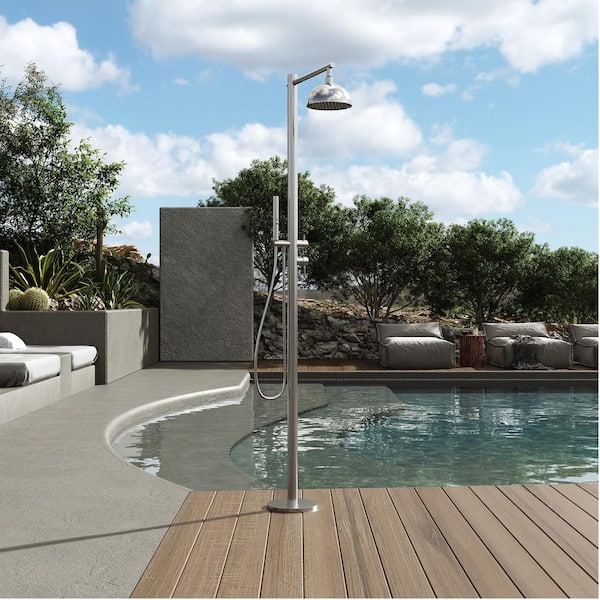 2-Handle Outdoor Freestanding Shower Faucet Kit Floor Mount Shower System Kit with 3 Spray Hand Shower in Nickel