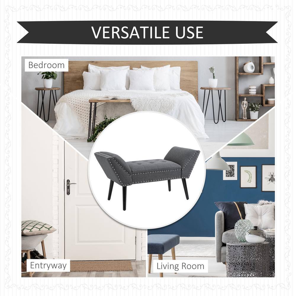 Modern Charcoal Grey Tufted Linen-Like Footstool Bench