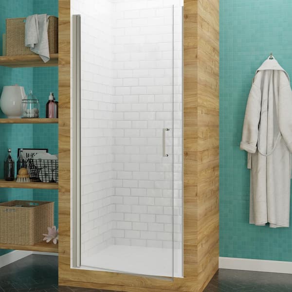ANZZI Lancer Series 29.4 in. x 72 in. H Hinged Semi-Frameless Shower Door in Brushed Nickel with Tsunami Guard Tempered Glass
