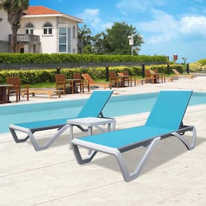 3-Piece Aluminum Outdoor Chaise Lounge Set with Side Table in Aqua