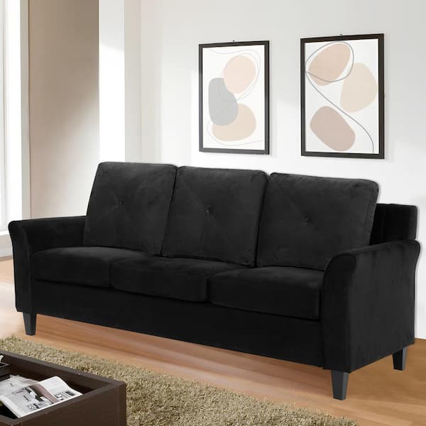 79.92 in. Rectangle Arm Microfiber Square Button Tufted Sofa in Black