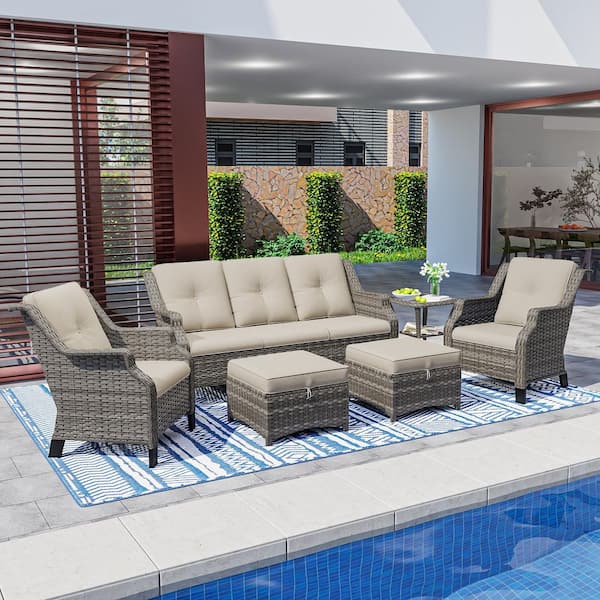 6-Piece Rattan Patio Sofa Conversation Set with Polyester Beige Cushions