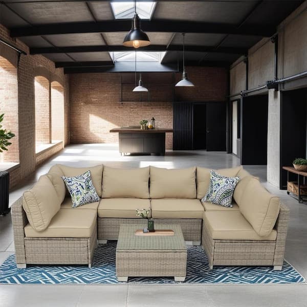 Tenleaf 7-Piece Gray Wicker Patio Conversation Set with Brown Cushions, pillows