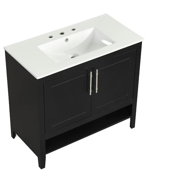 Dimakai 36 in. W Freestanding Black Bath Vanity with White Ceramic Top