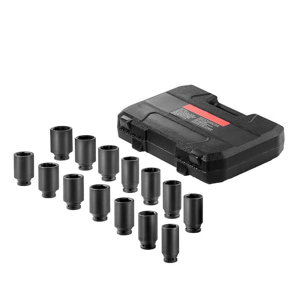 SKYSHALO Axle Nut Impact Socket Set, 1/2 in. Drive Deep 6+12-Point 14-Piece Metric Spindle Nut Socket Set, CR-V Heat Treated Set