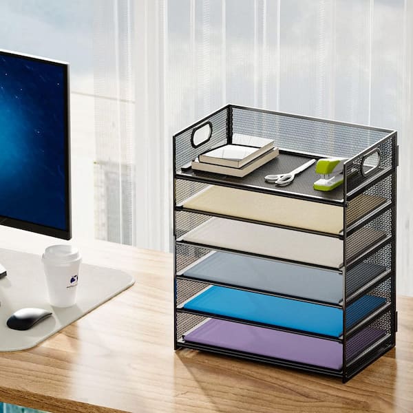 Black 12.6 in. x 11.22 in. Metal Mesh 6-Tier Paper Organizer Letter Tray with Handle for Office File Folder Holder