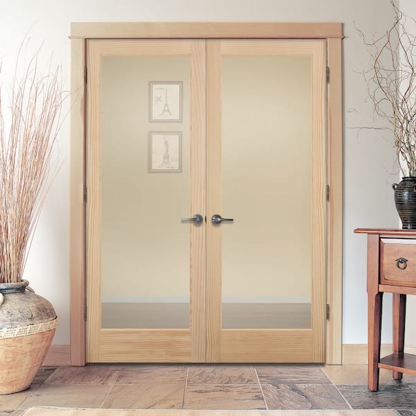 72 in. x 80 in. Unfinished Right-Hand Active Pine Wood Full Lite Clear Prehung Interior French Door
