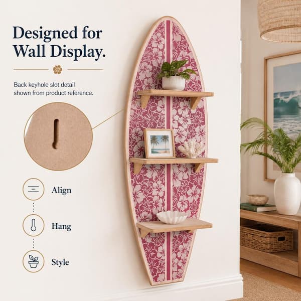 American Art Decor Kona Coast Brown Surfboard Wall Shelf in Earth