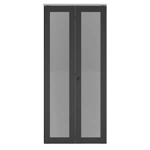 36 in. x 80 in. Full Lite Frosted Glass Solid Core Black MDF Closet Bi-Fold Door with Hardware Kit and Door Handle