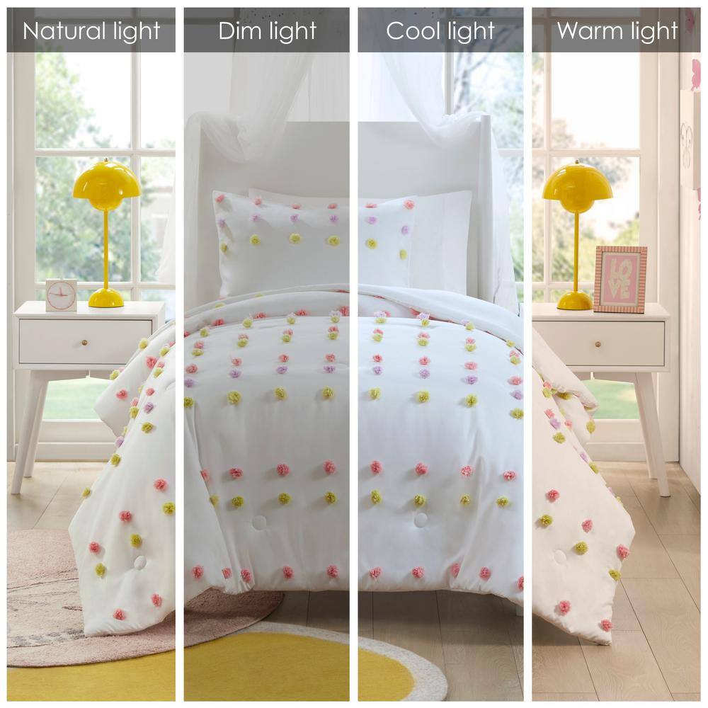 Full Pink Microfiber Kids' Comforter Set with Pompoms