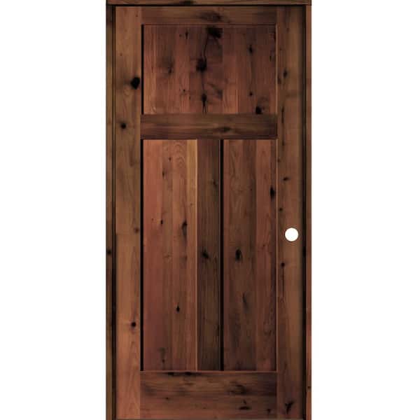 Krosswood Doors 24 in. x 80 in. Craftsman Knotty Alder 3-Panel Left-Handed Red Mahogany Stain Solid Wood Single Prehung Interior Door