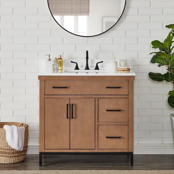 Loren 36 in. Single Sink Freestanding Gunny Bath Vanity with Pure White Engineer Stone Top