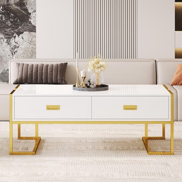 47.3 in. White/Gold Rectangle MDF Wood Coffee Table with 4 Drawers and Gold Base