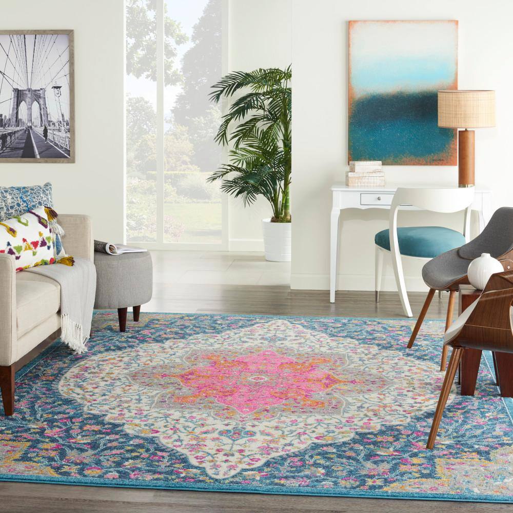 Blue and Pink Floral Synthetic 8' x 10' Reversible Rug