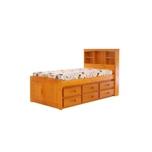 Honey Mission Light Brown Twin Sized Captains Bookcase Bed with 6-Drawers