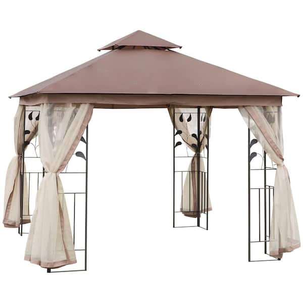 Unbranded 10 ft. x 10 ft. Brown Metal Patio Double Roof Gazebo Canopy with Netting for Garden, Lawn, Backyard, Deck