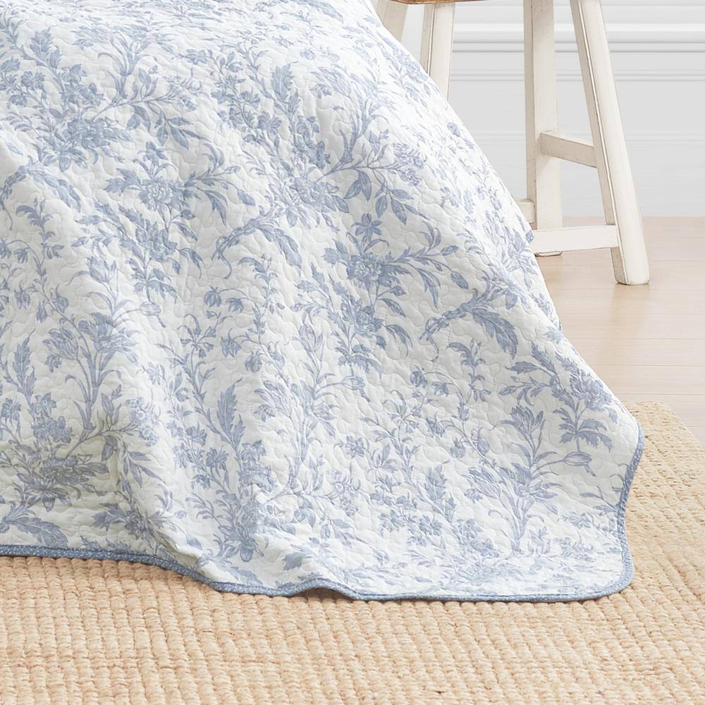 Blue Floral Twin Cotton Reversible Quilt Set with Sham