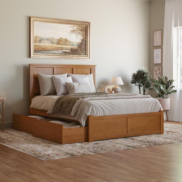 Madison Light Toffee Natural Bronze Solid Wood Frame Queen Platform Bed with Footboard and Storage Drawers