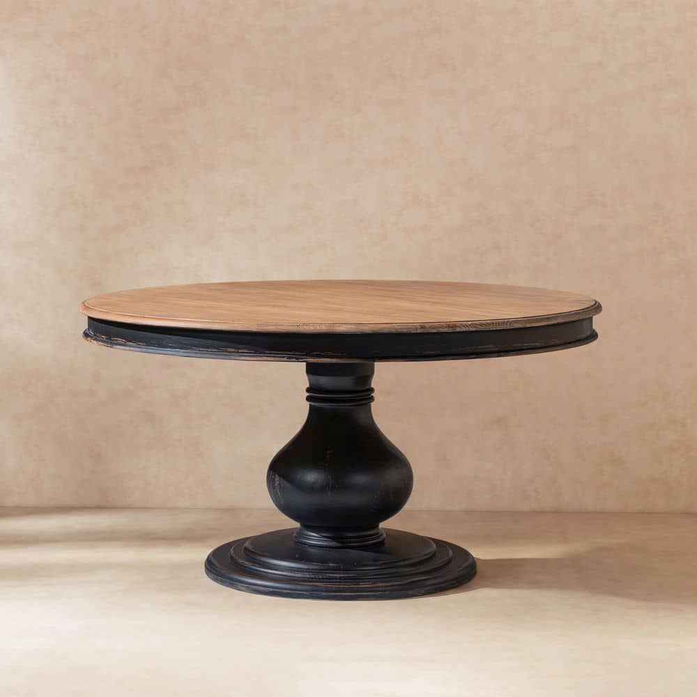 Winslow Round Antique Natural Brown and Distressed Black Reclaimed Pine Wood 60 in. Pedestal Dining Table Seats 8