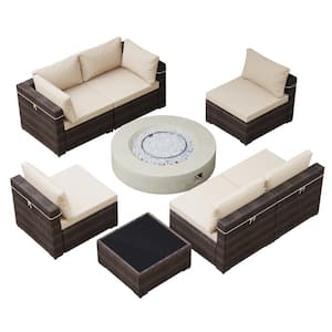 8-Piece Outdoor Wicker Conversation Set with 42 in. Round Fire Pit Table, Fire Pit Patio Set with Beige Cushions