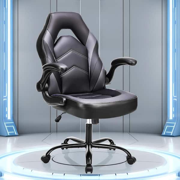 Gaming Chair Ergonomic Computer Desk Office Chair with Lumbar Support Flip-Up Arms PU Leather, Black Gray