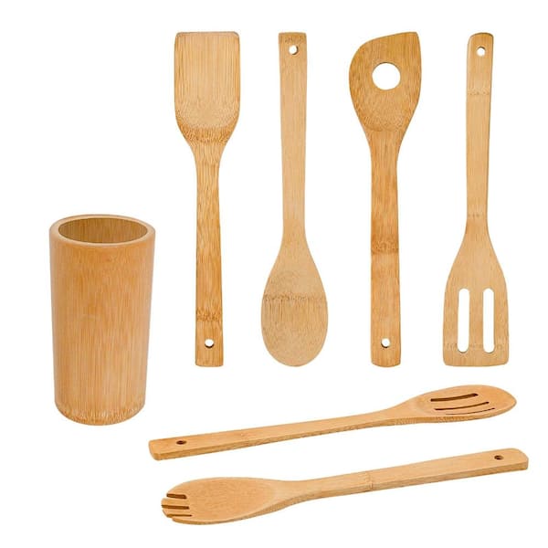 6-Piece Bamboo Wooden Kitchen Utensil Set with Round Countertop Holder, Heat-Resistant Spatulas and Spoons