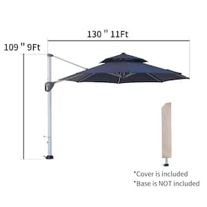 11 ft. Octagon Aluminum Cantilever Patio Umbrella 360 Rotation, Dual Top Large Outdoor Umbrella with Cover in Navy Blue