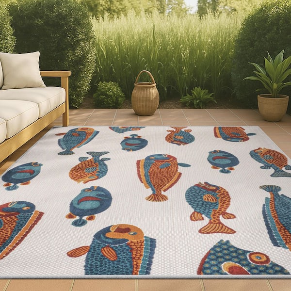 Algarve Modern Fish High-Low Navy/Orange/Cream 3 ft. x 5 ft. Indoor/Outdoor Area Rug