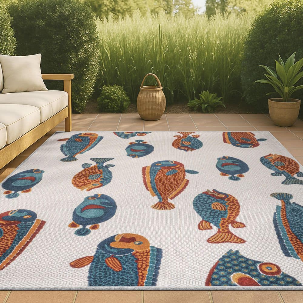 UPC 840011461830 product image for Algarve Modern Fish High-Low Navy/Orange/Cream 4 ft. x 6 ft. Indoor/Outdoor Area | upcitemdb.com