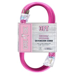 3 ft. 12/3 Heavy-Duty Outdoor Extension Cord with 3 Prong Grounded Plug-15 Amps Power Cord Pink
