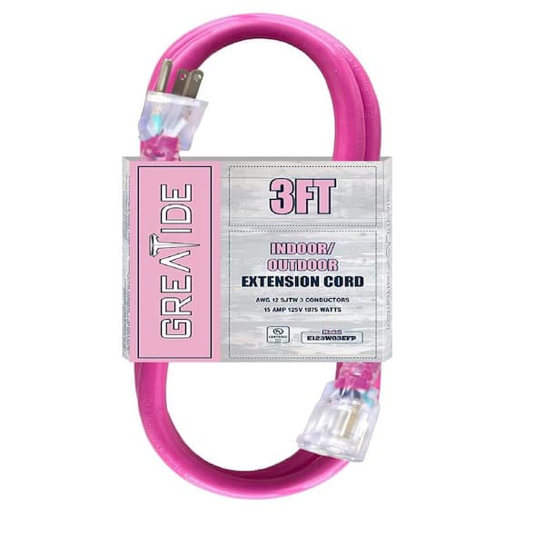 Etokfoks 3 ft. 12/3 Heavy-Duty Outdoor Extension Cord with 3 Prong Grounded Plug-15 Amps Power Cord Pink
