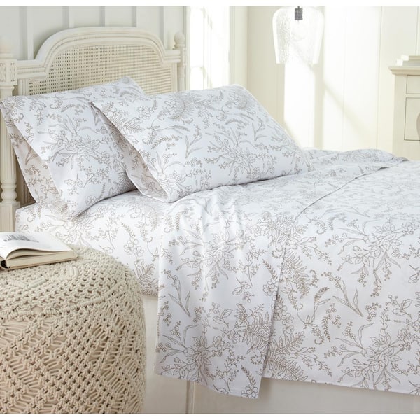 Southshore Fine Linens Winter Brush 3-Piece Sand Botanical on White Microfiber Twin Deep Pocket Sheet Set