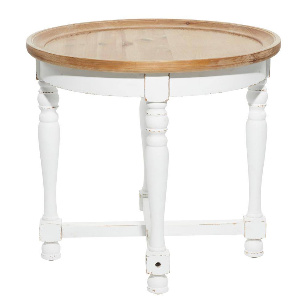 White and Brown Round Wood Accent Table with Spindle Legs