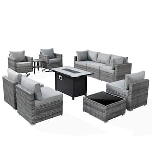 Sanibel Gray 11-Piece Wicker Patio Conversation Fire Pit Sectional Sofa Set with Swivel Chairs and Dark Gray Cushions