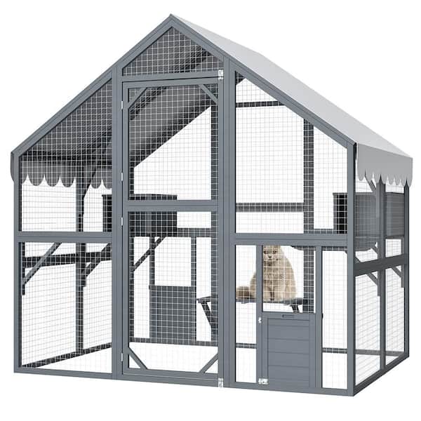 Outdoor Cat House, Large Catio Enclosure, Walk-in Wooden Cat Run Includes Playpens. Grey
