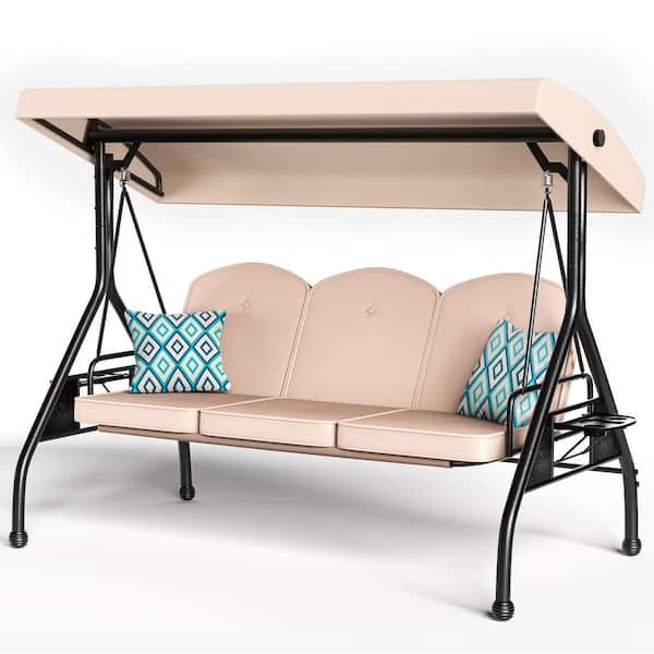 3-Seat Metal Patio Swing with Adjustable Backrest and Canopy Tilt Khaqi