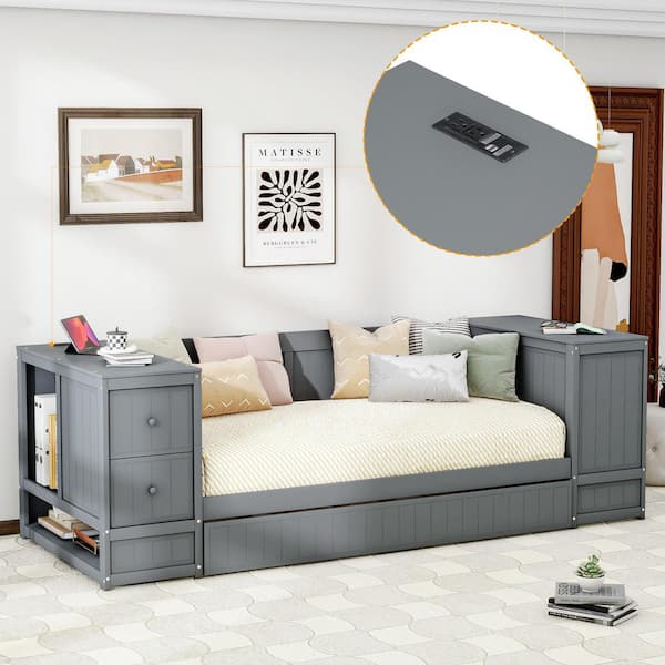 Qualler Gray Twin Size Daybed with Trundle and Charging Station
