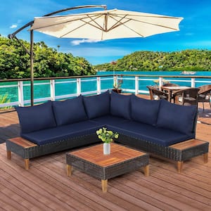 4-Pieces Wicker Patio Conversation Set Loveseat Wooden Side Table with Navy Cushions